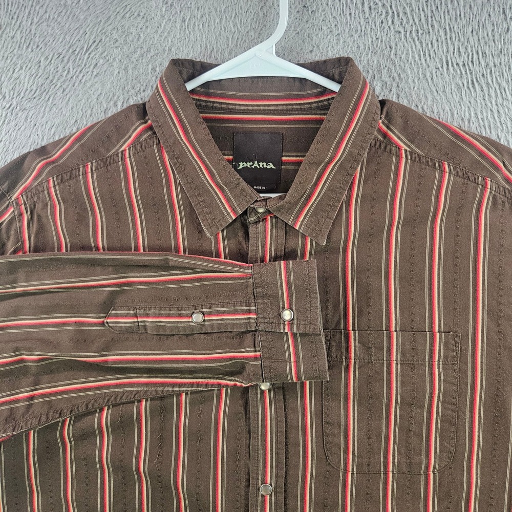 Prana Breathe Mens Large Brown Striped Organic‎ Cotton Snap Front Western Shirt